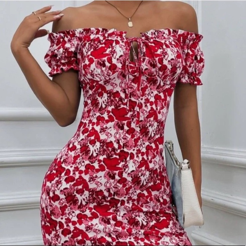Boho Blue Floral Print Off Shoulder Bodycon Dress - Picture 5 of 11